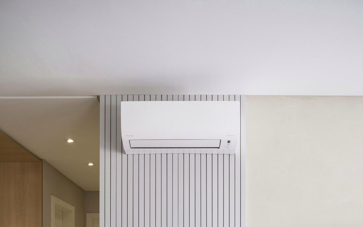 White split system air conditioner in a modern home